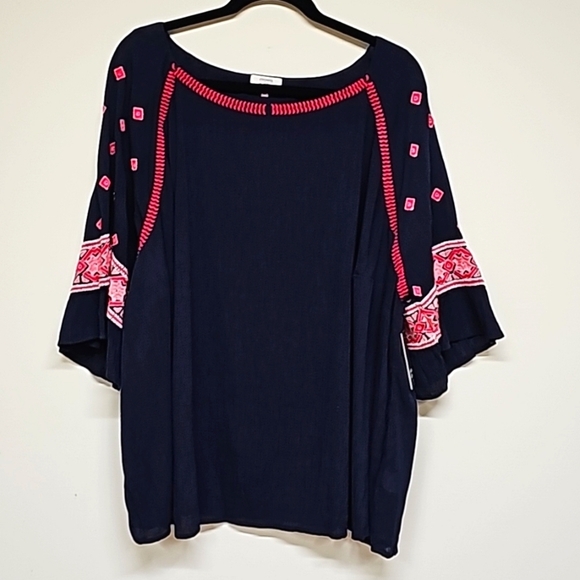 Crown and Ivy Crinkle Navy Blouse with Pink Embroidery, SZ 3X, See Flaw, NWT - Picture 1 of 12